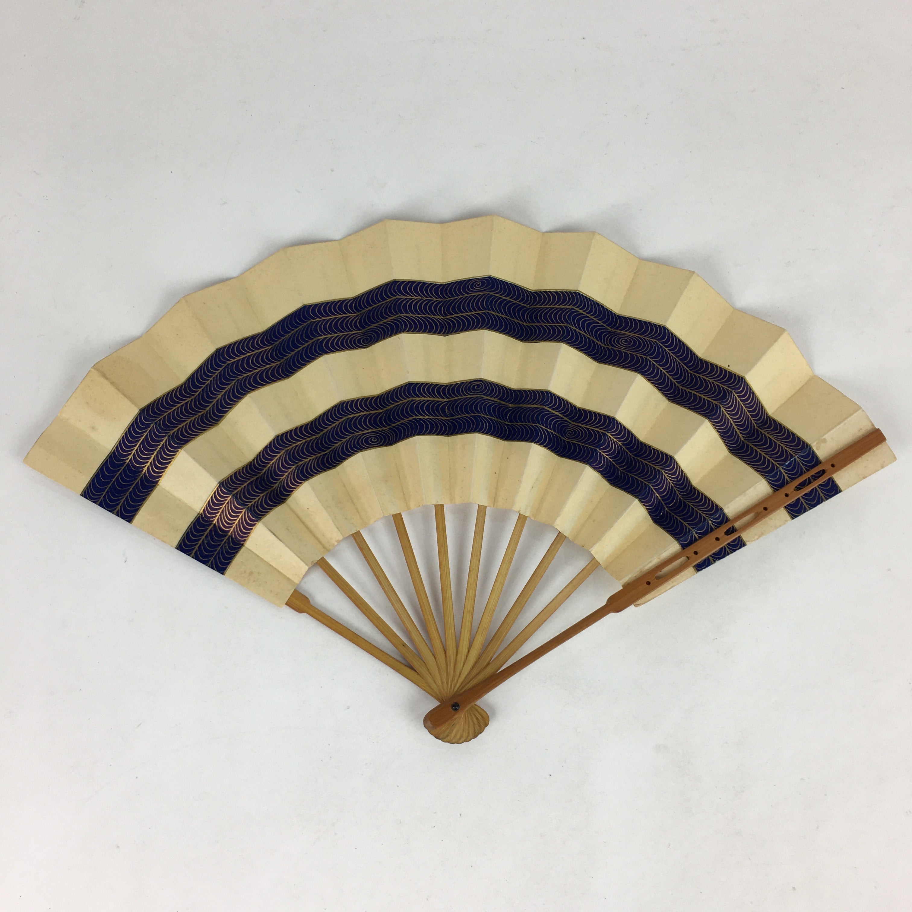 Japanese Folding Fan Vtg Sensu Paper Bamboo Frame Blue Waves 4D627