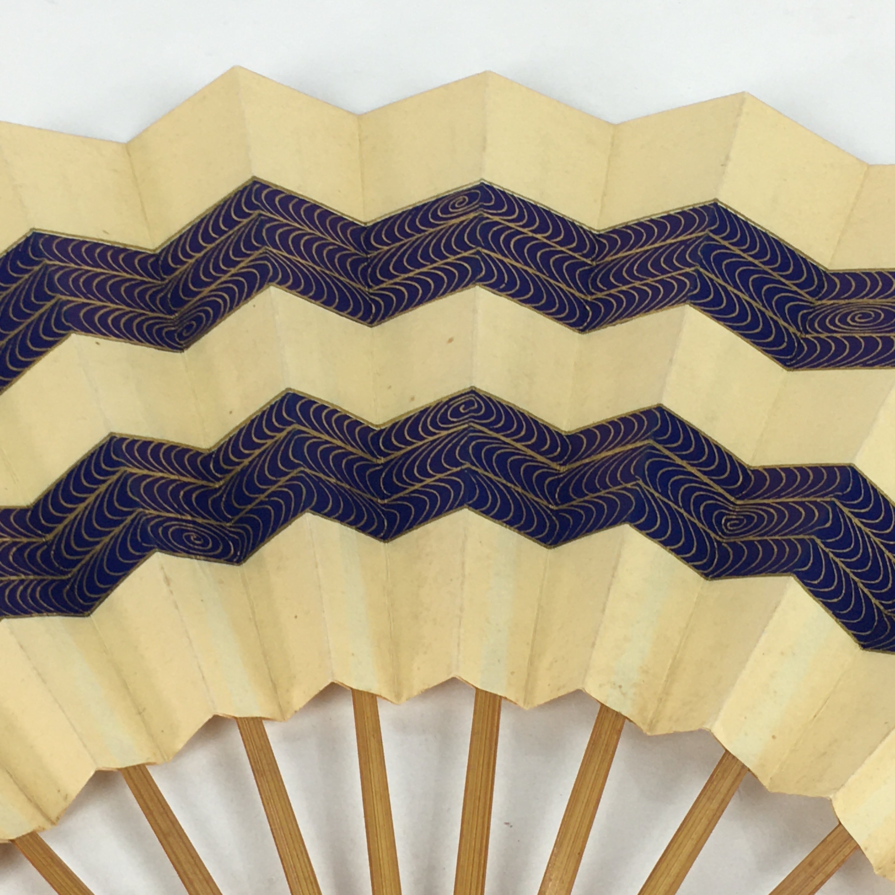 Japanese Folding Fan Vtg Sensu Paper Bamboo Frame Blue Waves 4D627