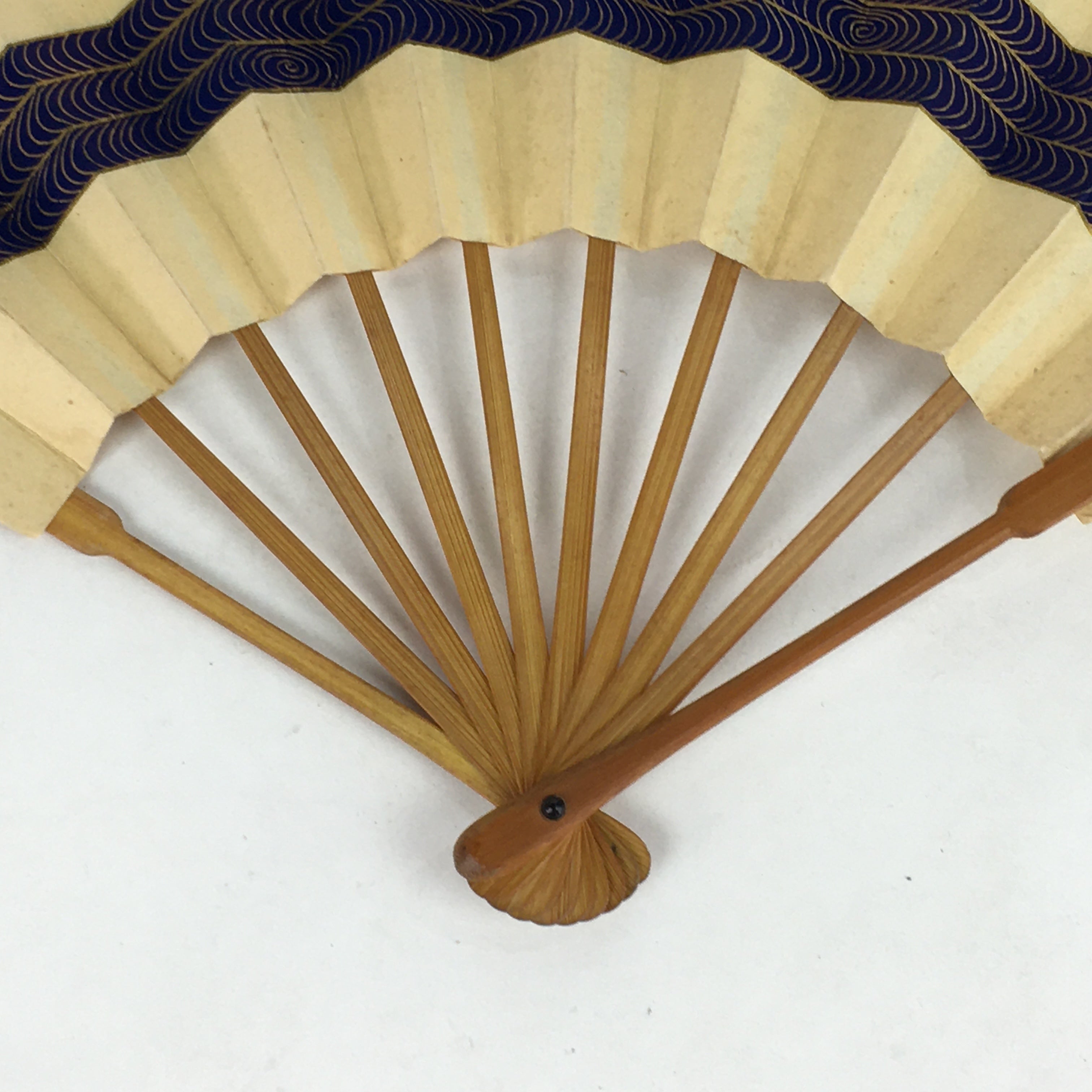 Japanese Folding Fan Vtg Sensu Paper Bamboo Frame Blue Waves 4D627
