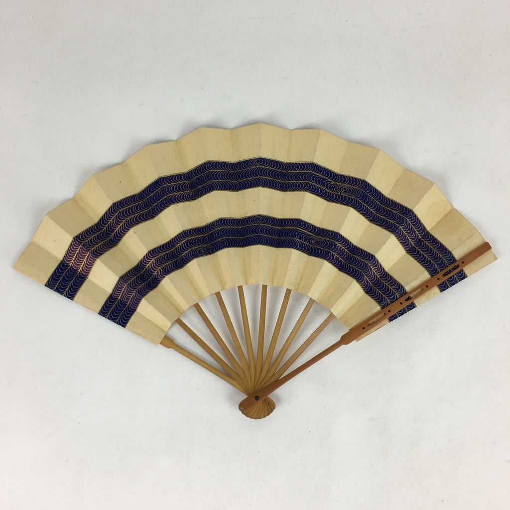 Japanese Folding Fan Vtg Sensu Paper Bamboo Frame Blue Waves 4D627