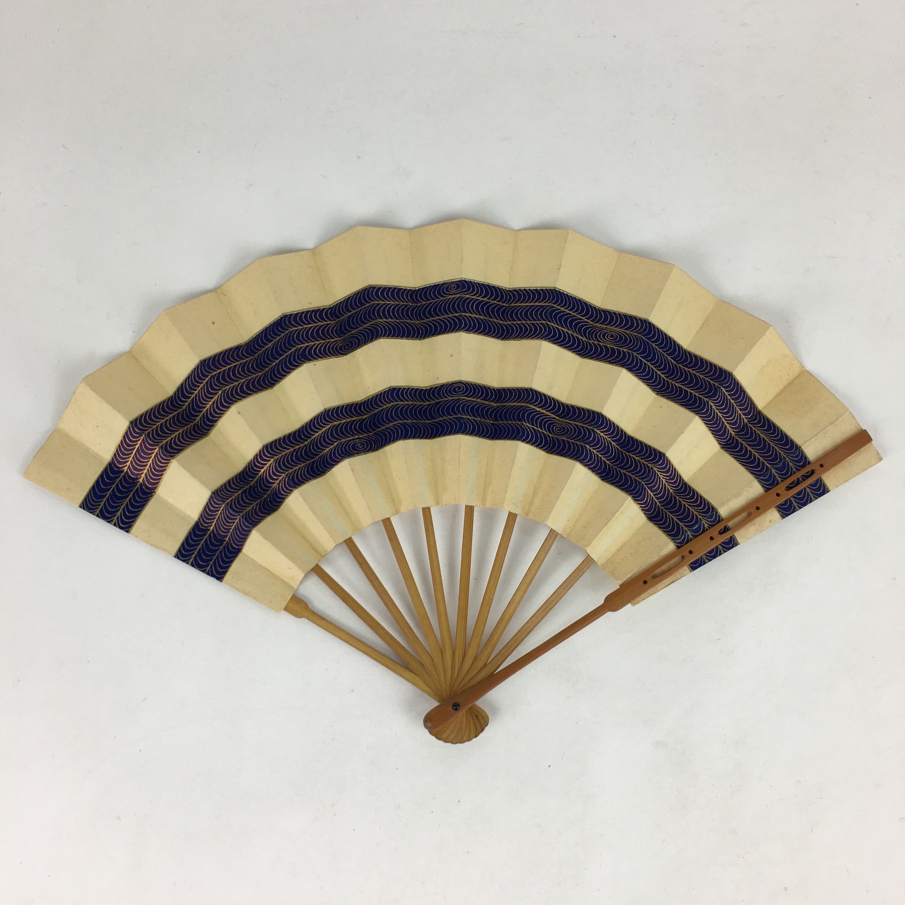Japanese Folding Fan Vtg Sensu Paper Bamboo Frame Blue Waves 4D627