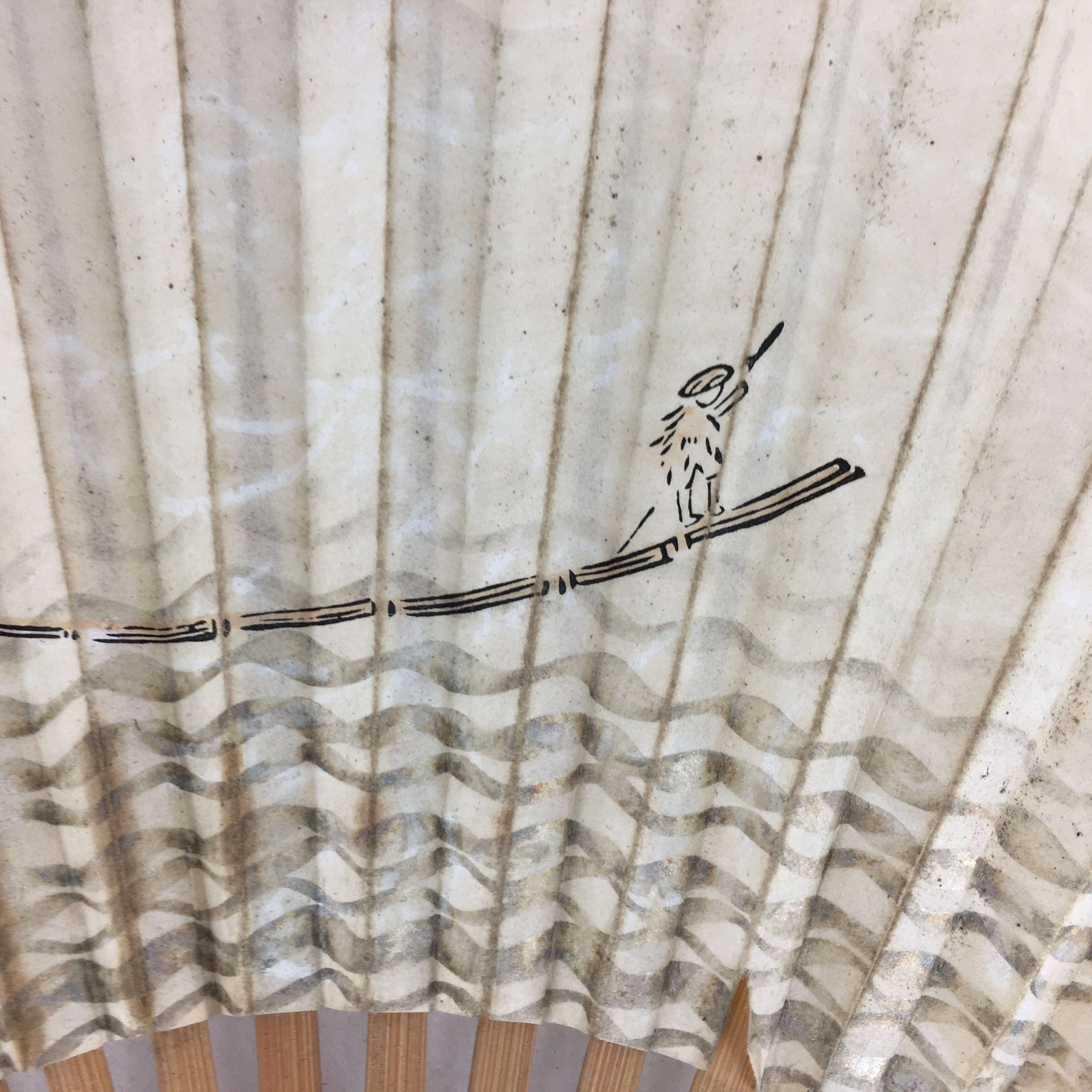 Japanese Folding Fan Vtg Sensu Paper Bamboo Frame Boatman Kanji 4D524