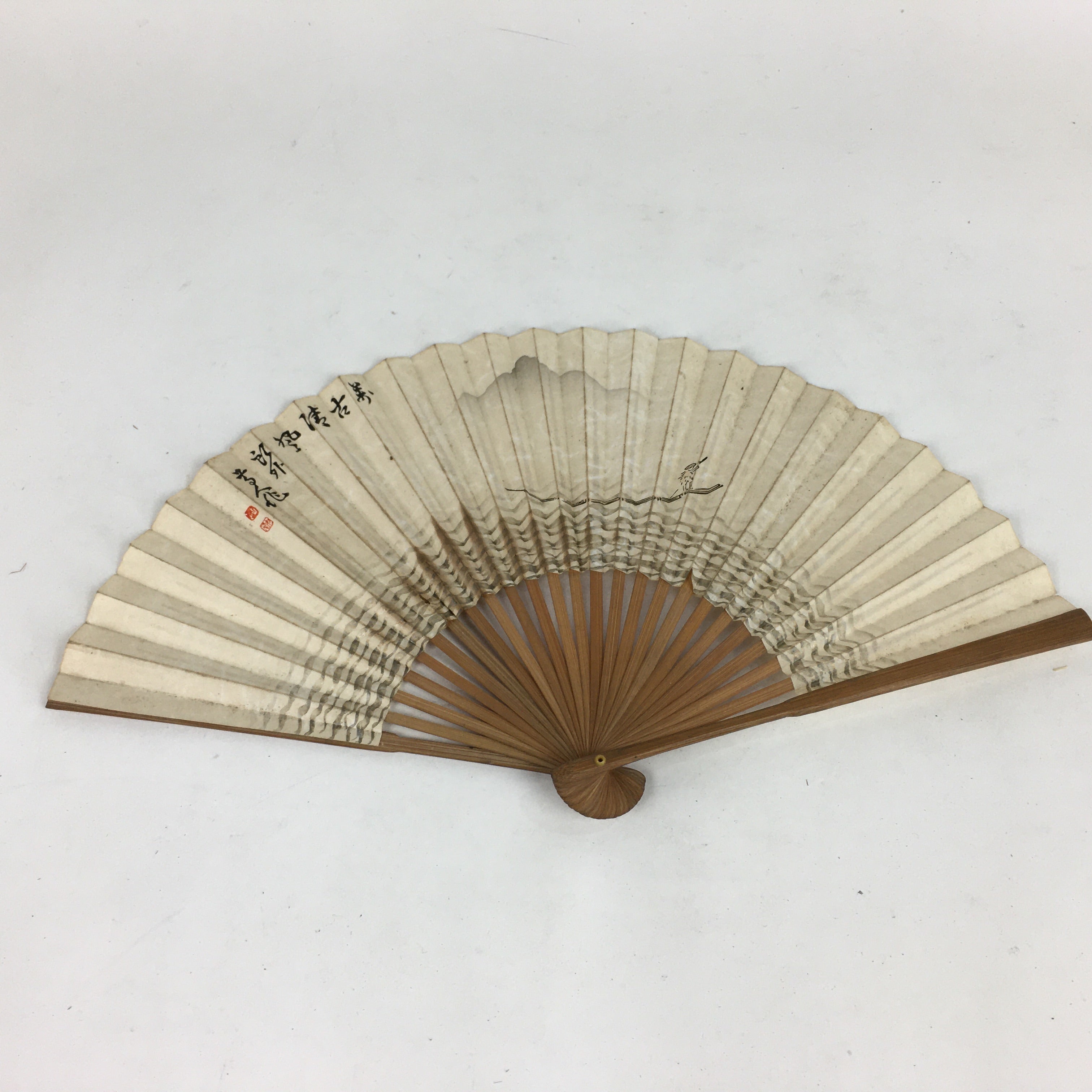 Japanese Folding Fan Vtg Sensu Paper Bamboo Frame Boatman Kanji 4D524