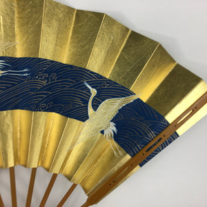 Japanese Folding Fan Vtg Sensu Paper Bamboo Frame Gold Blue Crane 4D488
