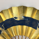 Japanese Folding Fan Vtg Sensu Paper Bamboo Frame Gold Blue Crane 4D488