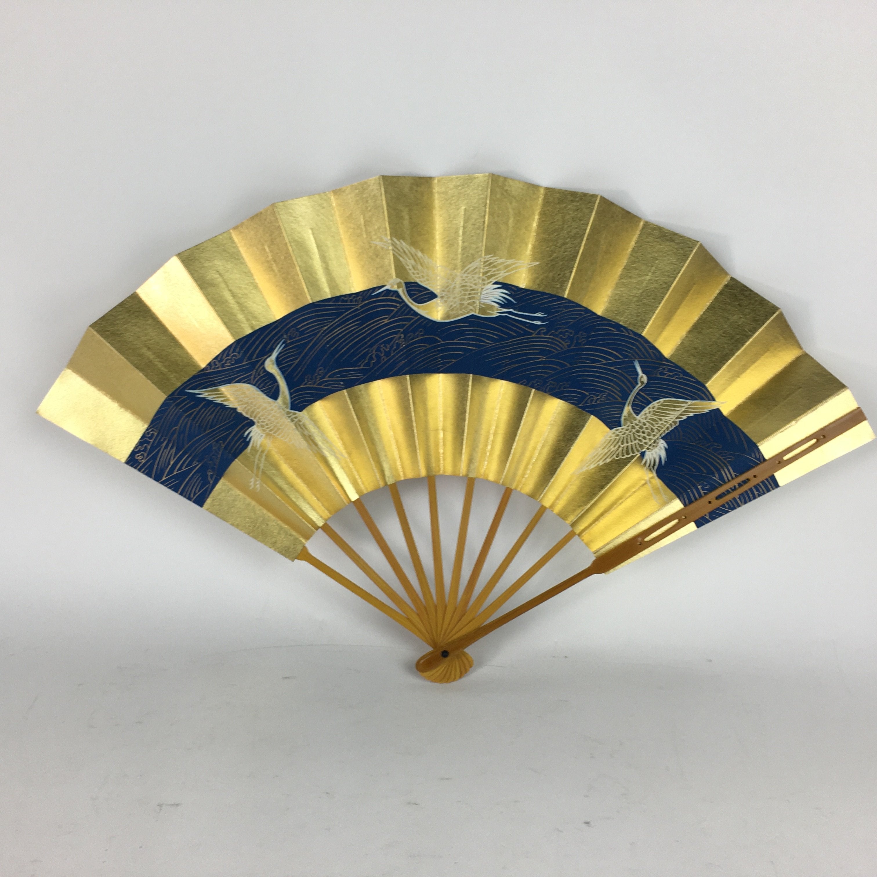 Japanese Folding Fan Vtg Sensu Paper Bamboo Frame Gold Blue Crane 4D488
