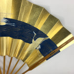 Japanese Folding Fan Vtg Sensu Paper Bamboo Frame Gold Blue Crane 4D488
