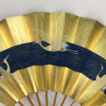 Japanese Folding Fan Vtg Sensu Paper Bamboo Frame Gold Blue Crane 4D488