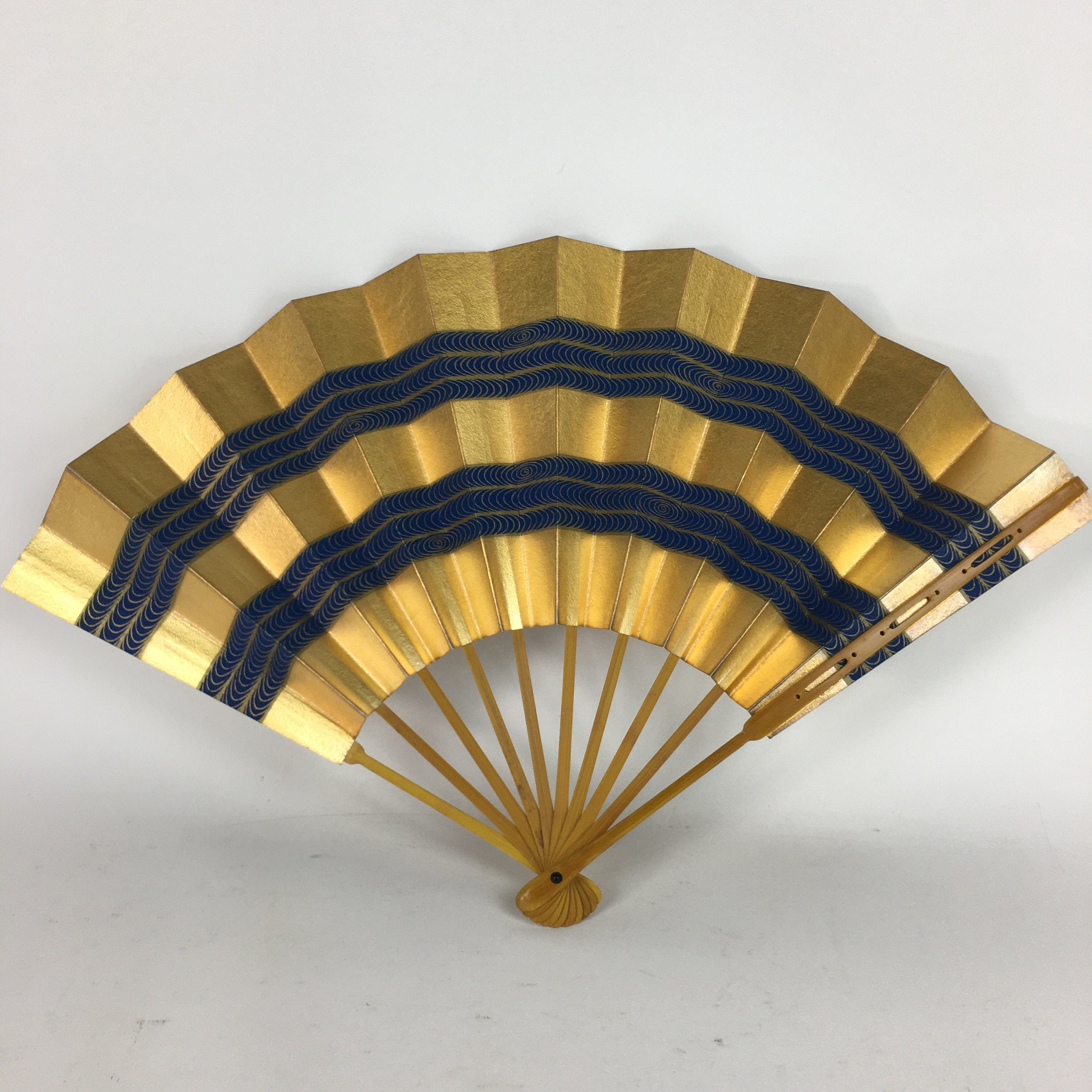 Japanese Folding Fan Vtg Sensu Paper Bamboo Frame Gold Blue Whirlpool 4D483