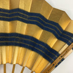 Japanese Folding Fan Vtg Sensu Paper Bamboo Frame Gold Blue Whirlpool 4D483