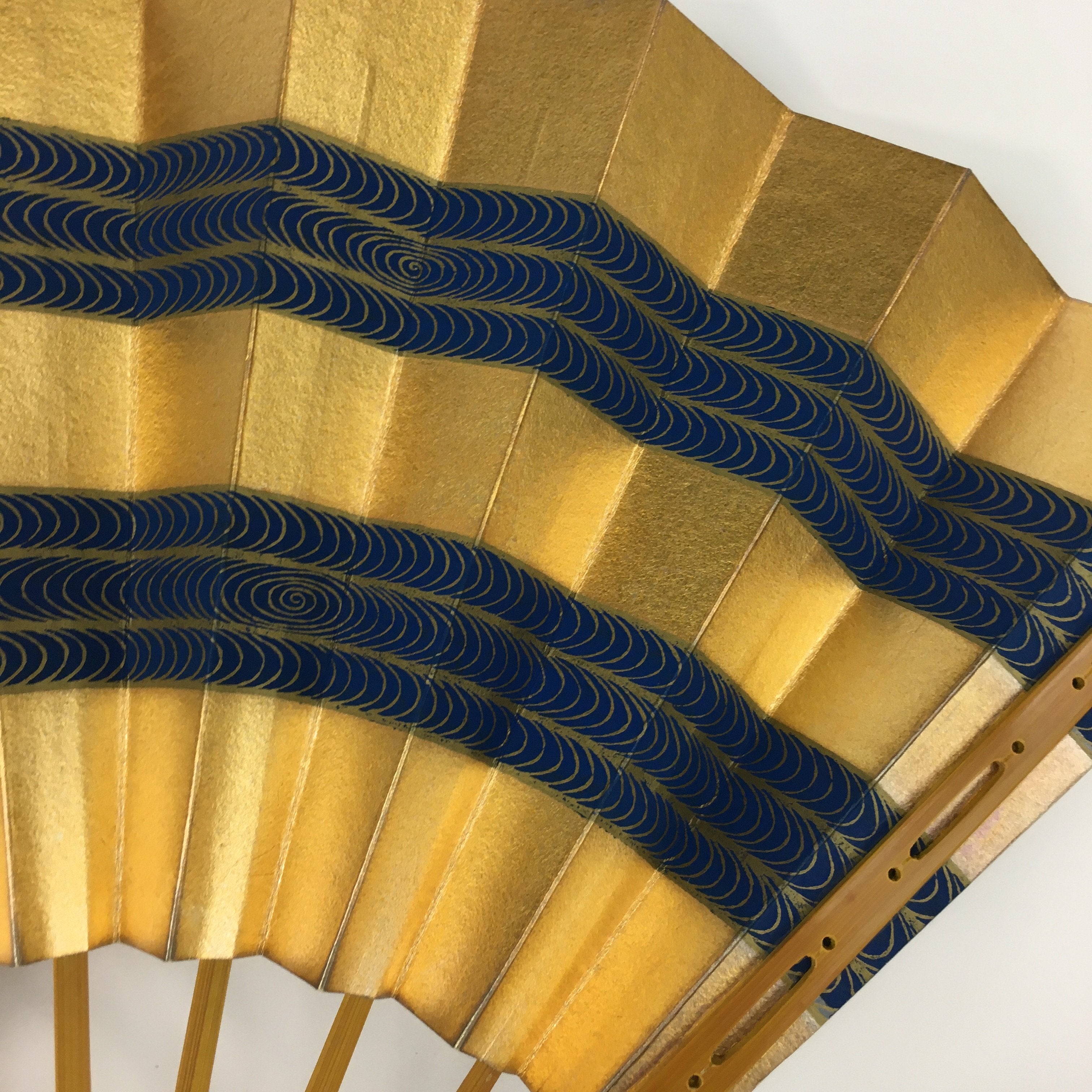 Japanese Folding Fan Vtg Sensu Paper Bamboo Frame Gold Blue Whirlpool 4D483