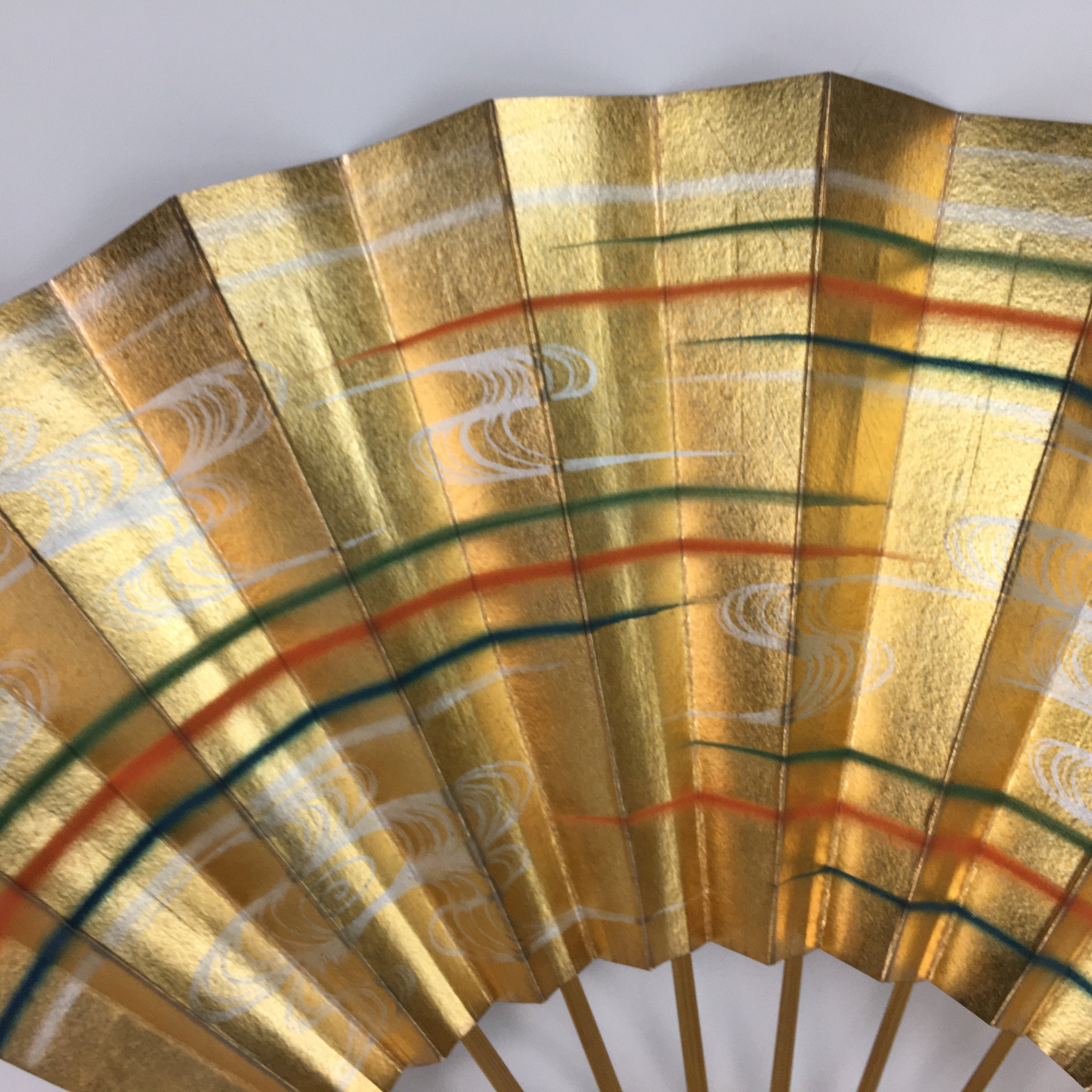 Japanese Folding Fan Vtg Sensu Paper Bamboo Frame Gold Stripes whirlpool 4D508