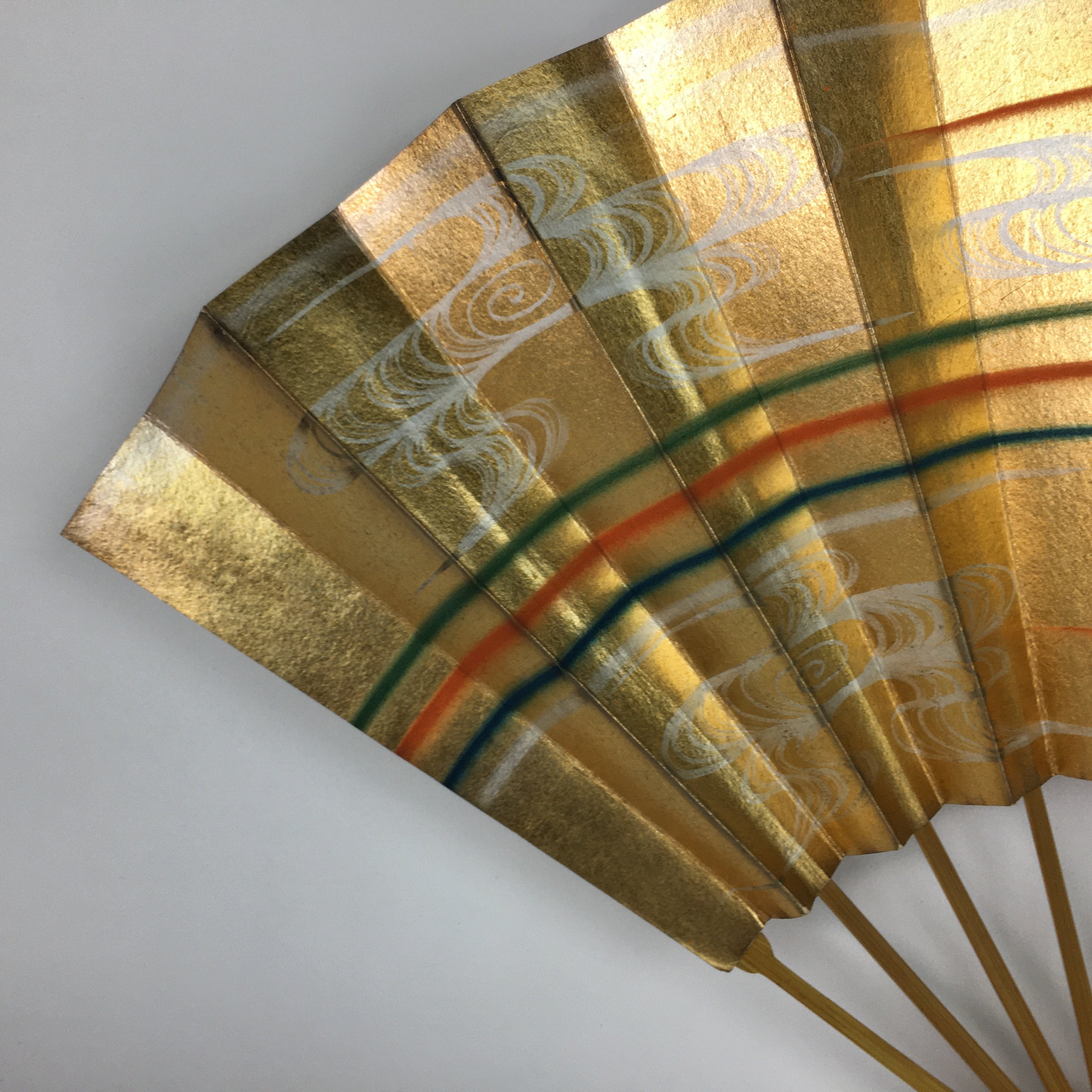 Japanese Folding Fan Vtg Sensu Paper Bamboo Frame Gold Stripes whirlpool 4D508