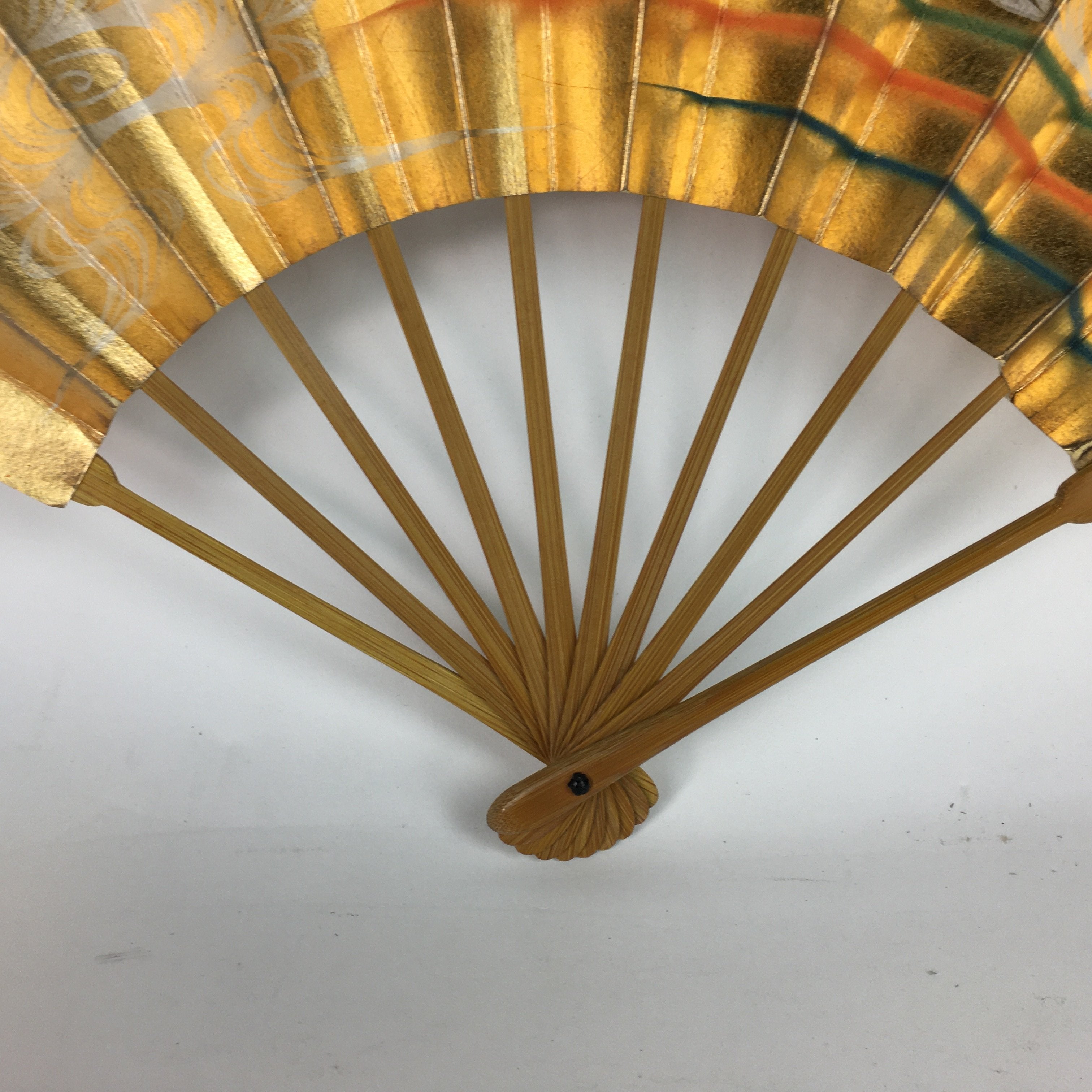 Japanese Folding Fan Vtg Sensu Paper Bamboo Frame Gold Stripes whirlpool 4D508