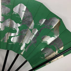 Japanese Folding Fan Vtg Sensu Paper Bamboo Frame Green Gold Silver 4D485