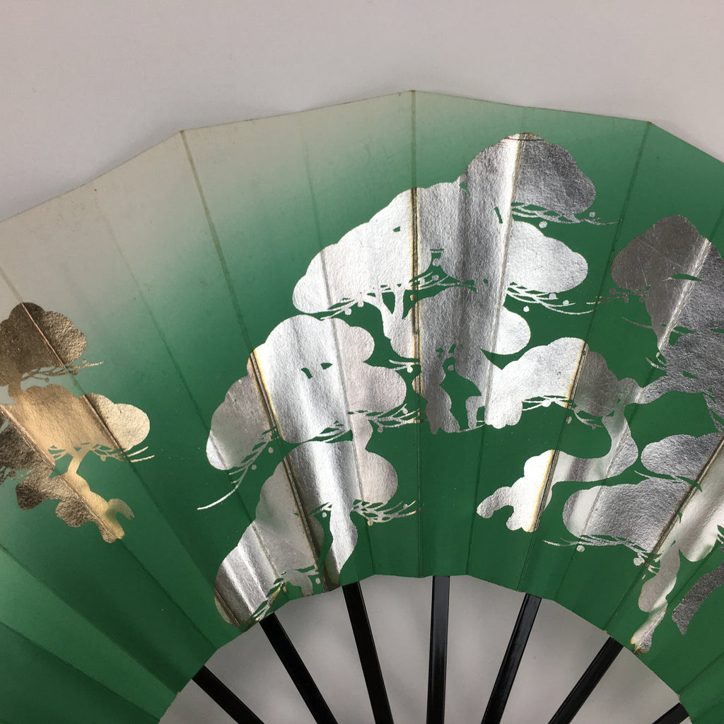 Japanese Folding Fan Vtg Sensu Paper Bamboo Frame Green Gold Silver 4D485