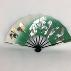 Japanese Folding Fan Vtg Sensu Paper Bamboo Frame Green Gold Silver 4D485