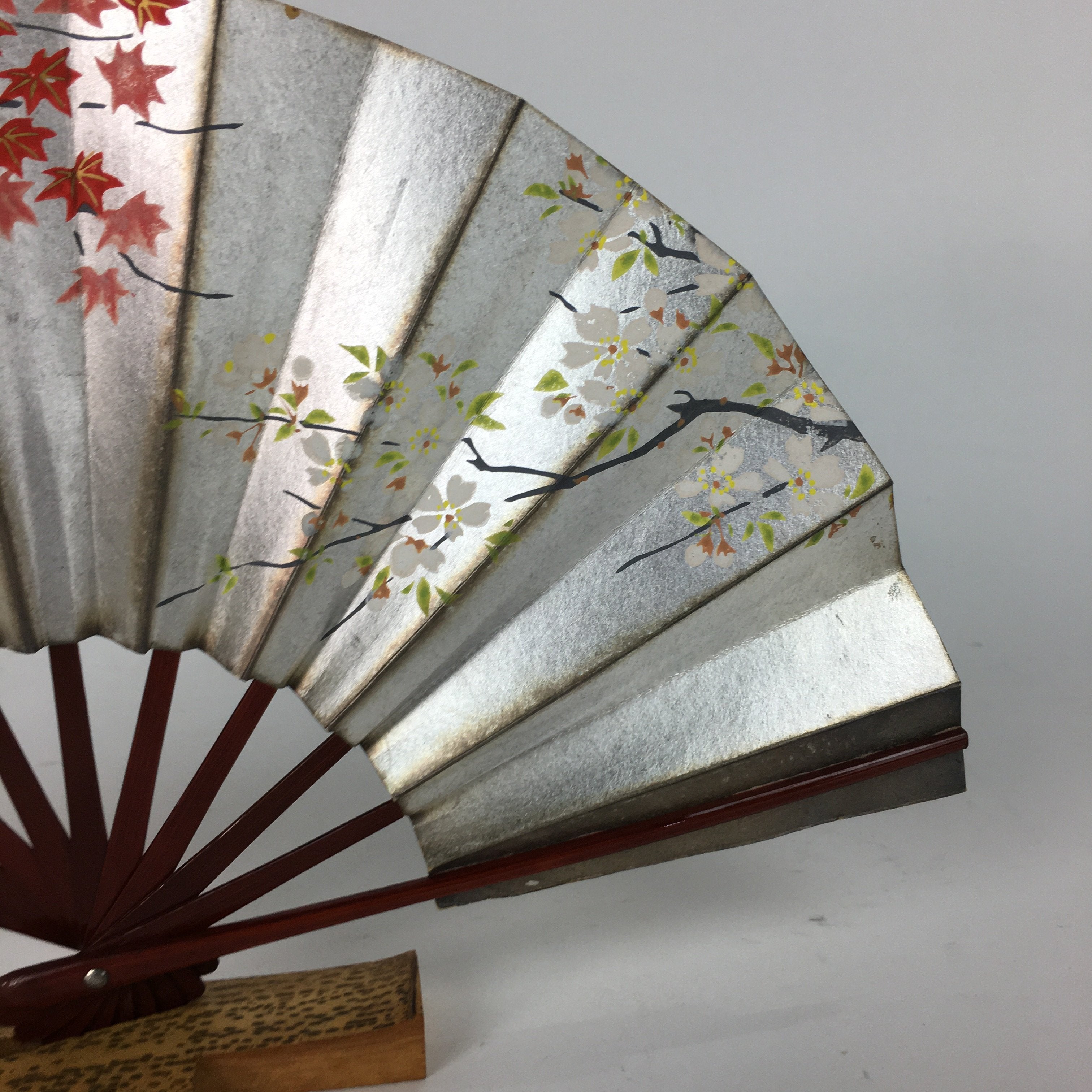 Japanese Folding Fan Vtg Sensu Paper Bamboo Frame Hand Drawn Picture 4D4502