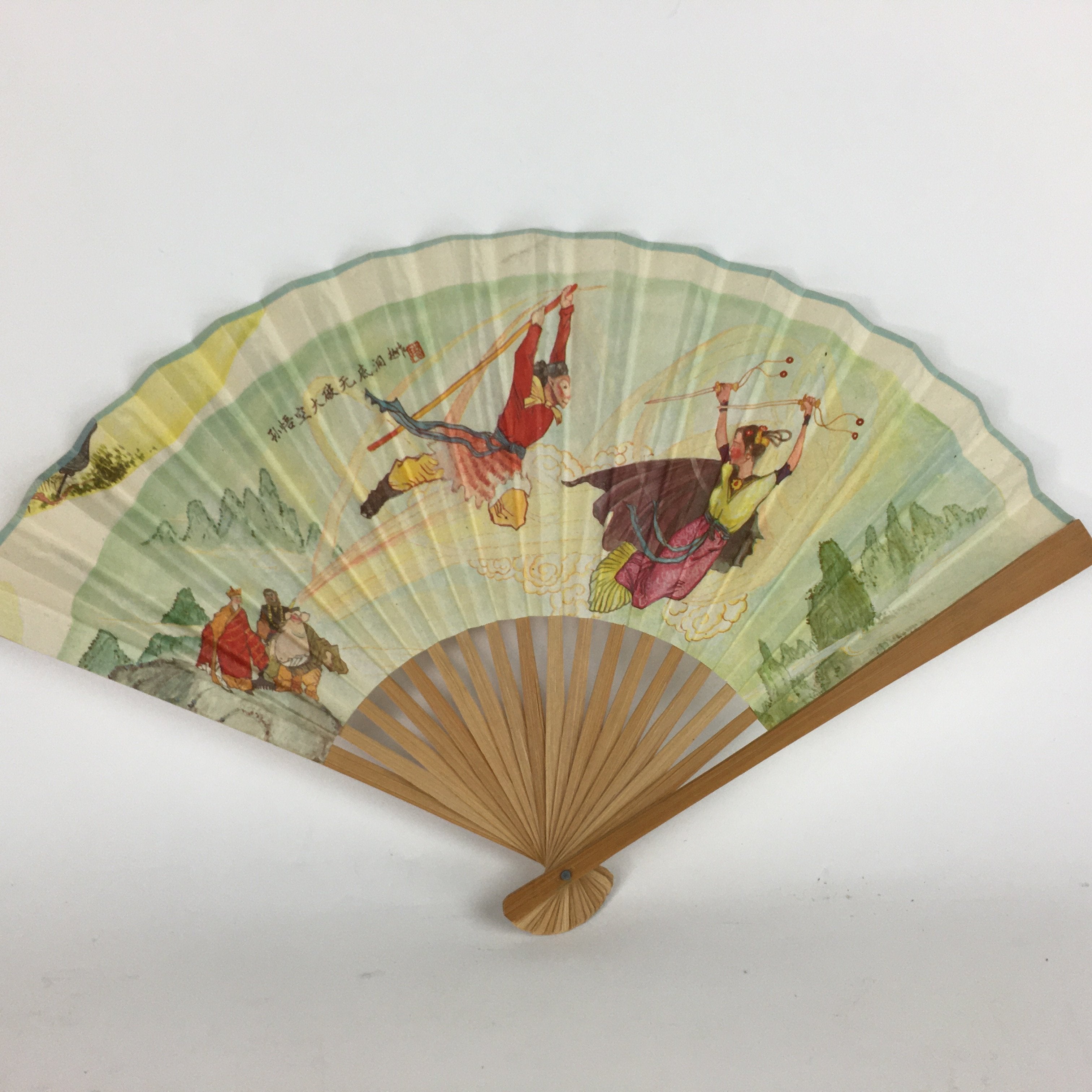 Japanese Folding Fan Vtg Sensu Paper Bamboo Frame Journey to the West 4D511