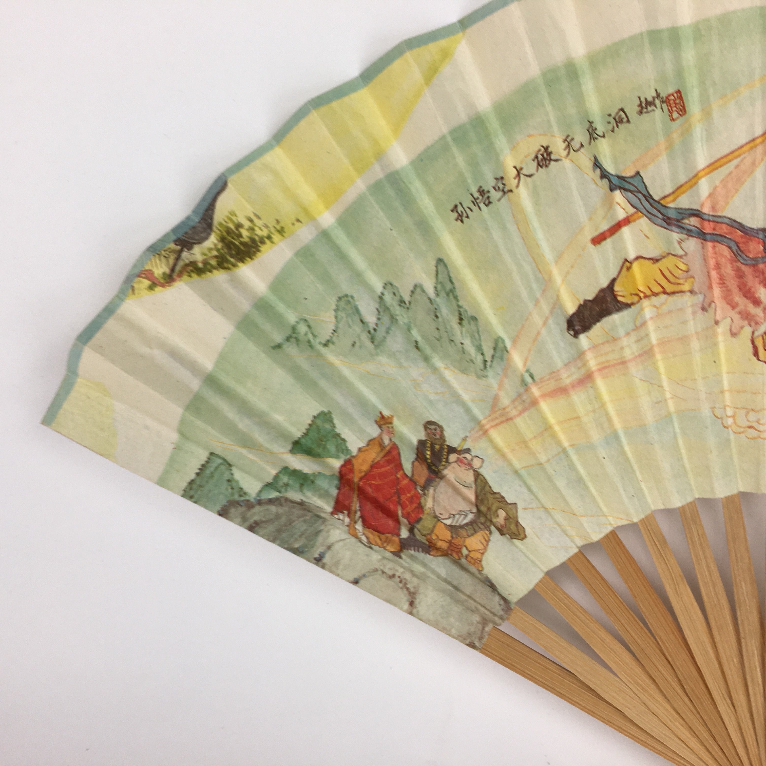 Japanese Folding Fan Vtg Sensu Paper Bamboo Frame Journey to the West 4D511