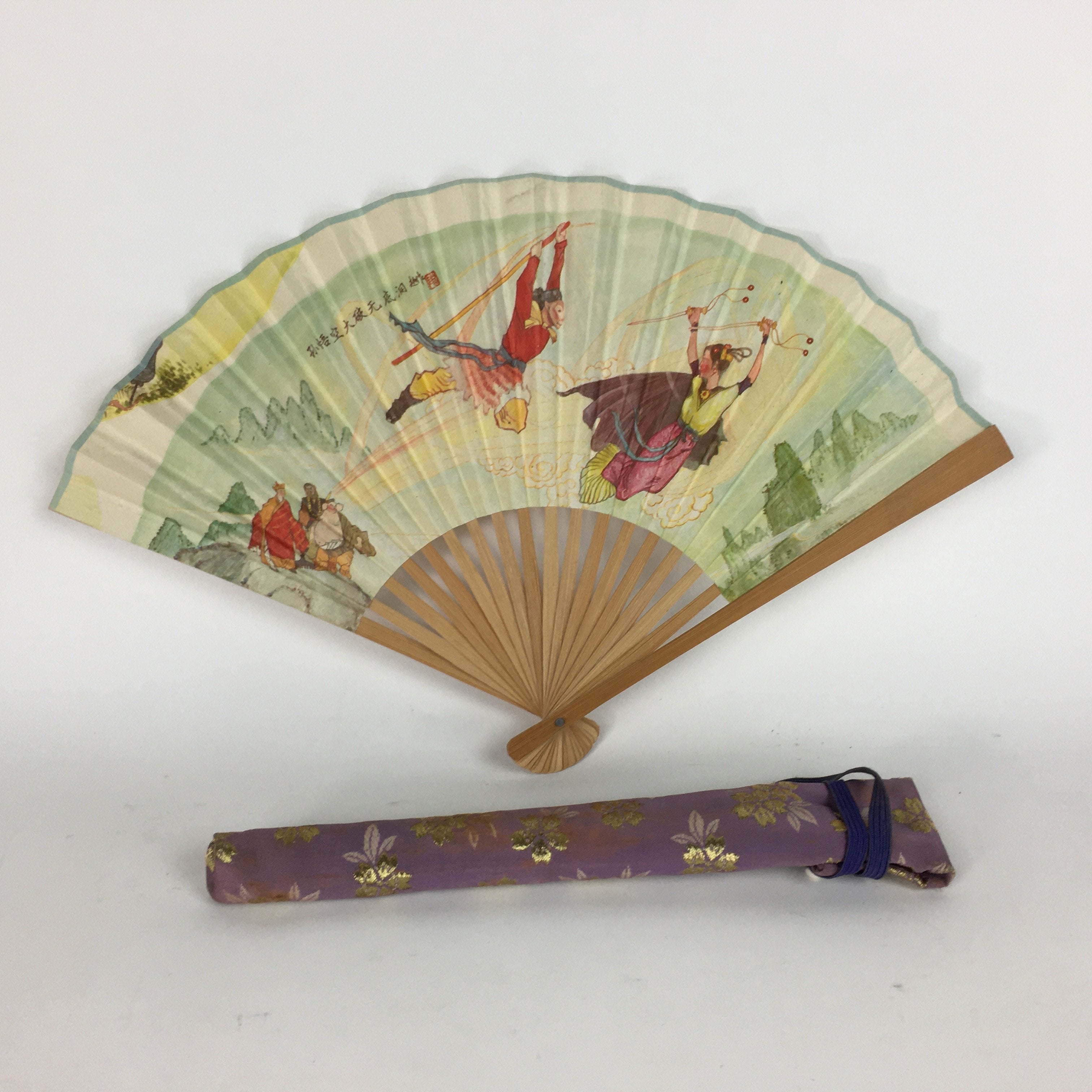 Japanese Folding Fan Vtg Sensu Paper Bamboo Frame Journey to the West 4D511