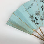 Japanese Folding Fan Vtg Sensu Paper Bamboo Frame Light Blue Cherry blossoms 4D5