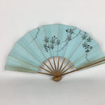 Japanese Folding Fan Vtg Sensu Paper Bamboo Frame Light Blue Cherry blossoms 4D5