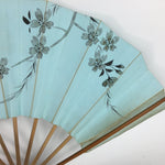 Japanese Folding Fan Vtg Sensu Paper Bamboo Frame Light Blue Cherry blossoms 4D5