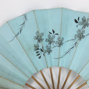 Japanese Folding Fan Vtg Sensu Paper Bamboo Frame Light Blue Cherry blossoms 4D5