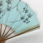 Japanese Folding Fan Vtg Sensu Paper Bamboo Frame Light Blue Cherry blossoms 4D5