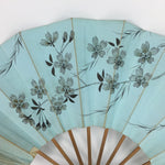 Japanese Folding Fan Vtg Sensu Paper Bamboo Frame Light Blue Cherry blossoms 4D5