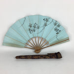 Japanese Folding Fan Vtg Sensu Paper Bamboo Frame Light Blue Cherry blossoms 4D5