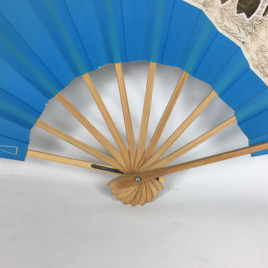 Japanese Folding Fan Vtg Sensu Paper Bamboo Frame Light Blue Gold Flower 4D490