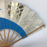Japanese Folding Fan Vtg Sensu Paper Bamboo Frame Light Blue Gold Flower 4D490