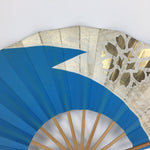 Japanese Folding Fan Vtg Sensu Paper Bamboo Frame Light Blue Gold Flower 4D490