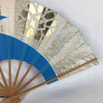 Japanese Folding Fan Vtg Sensu Paper Bamboo Frame Light Blue Gold Flower 4D490