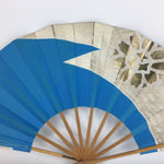 Japanese Folding Fan Vtg Sensu Paper Bamboo Frame Light Blue Gold Flower 4D490