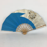 Japanese Folding Fan Vtg Sensu Paper Bamboo Frame Light Blue Gold Flower 4D490