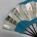 Japanese Folding Fan Vtg Sensu Paper Bamboo Frame Light Blue Silver 4D486