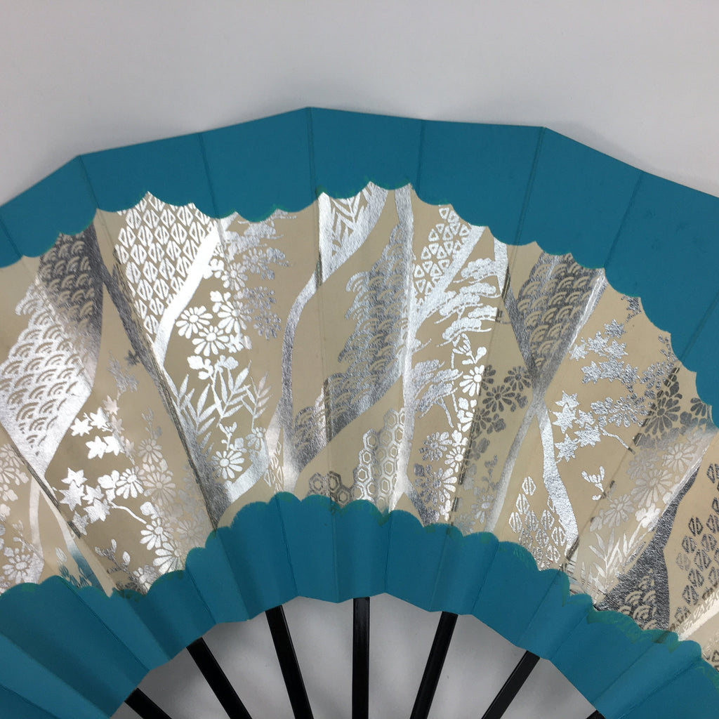 Japanese Folding Fan Vtg Sensu Paper Bamboo Frame Light Blue Silver 4D486