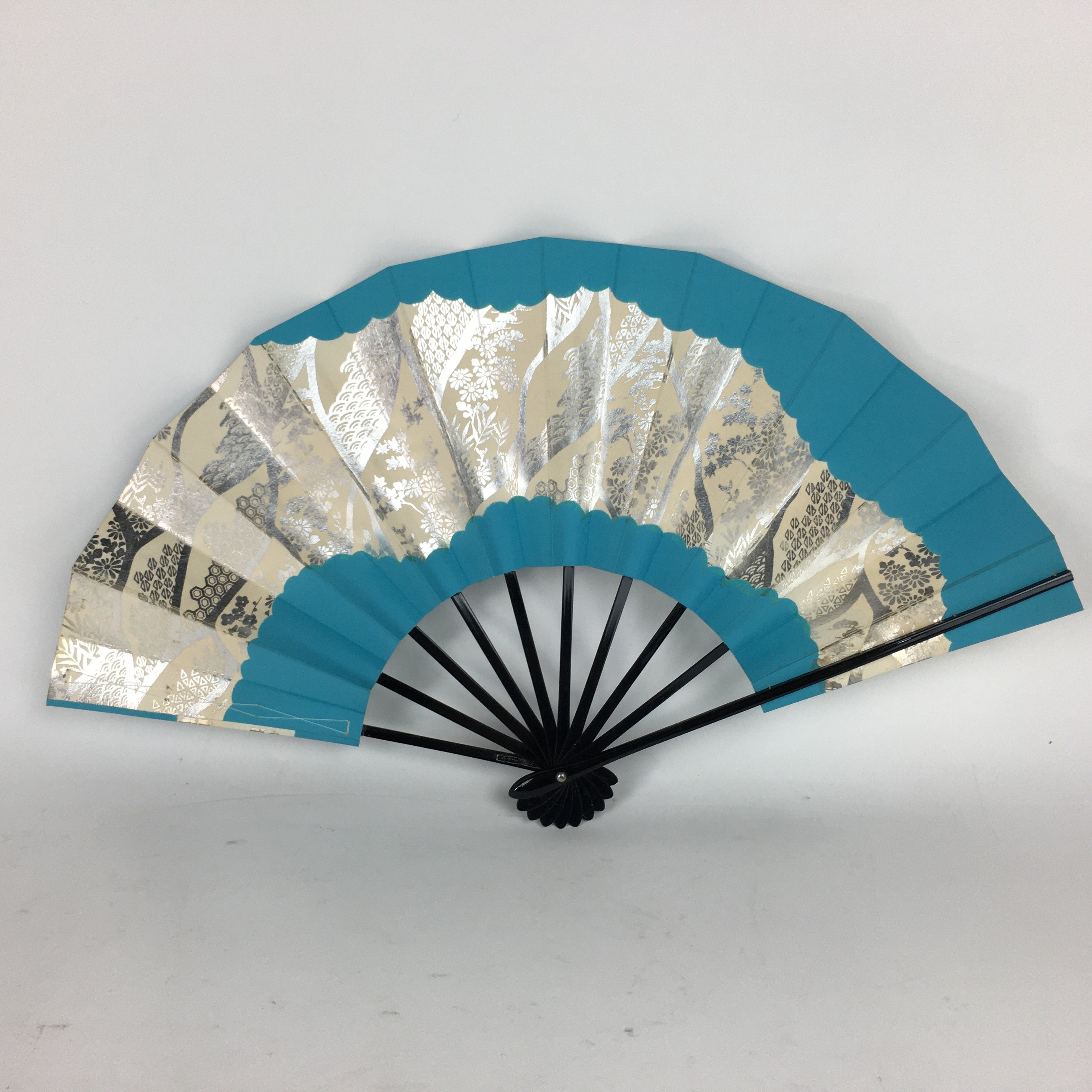 Japanese Folding Fan Vtg Sensu Paper Bamboo Frame Light Blue Silver 4D486