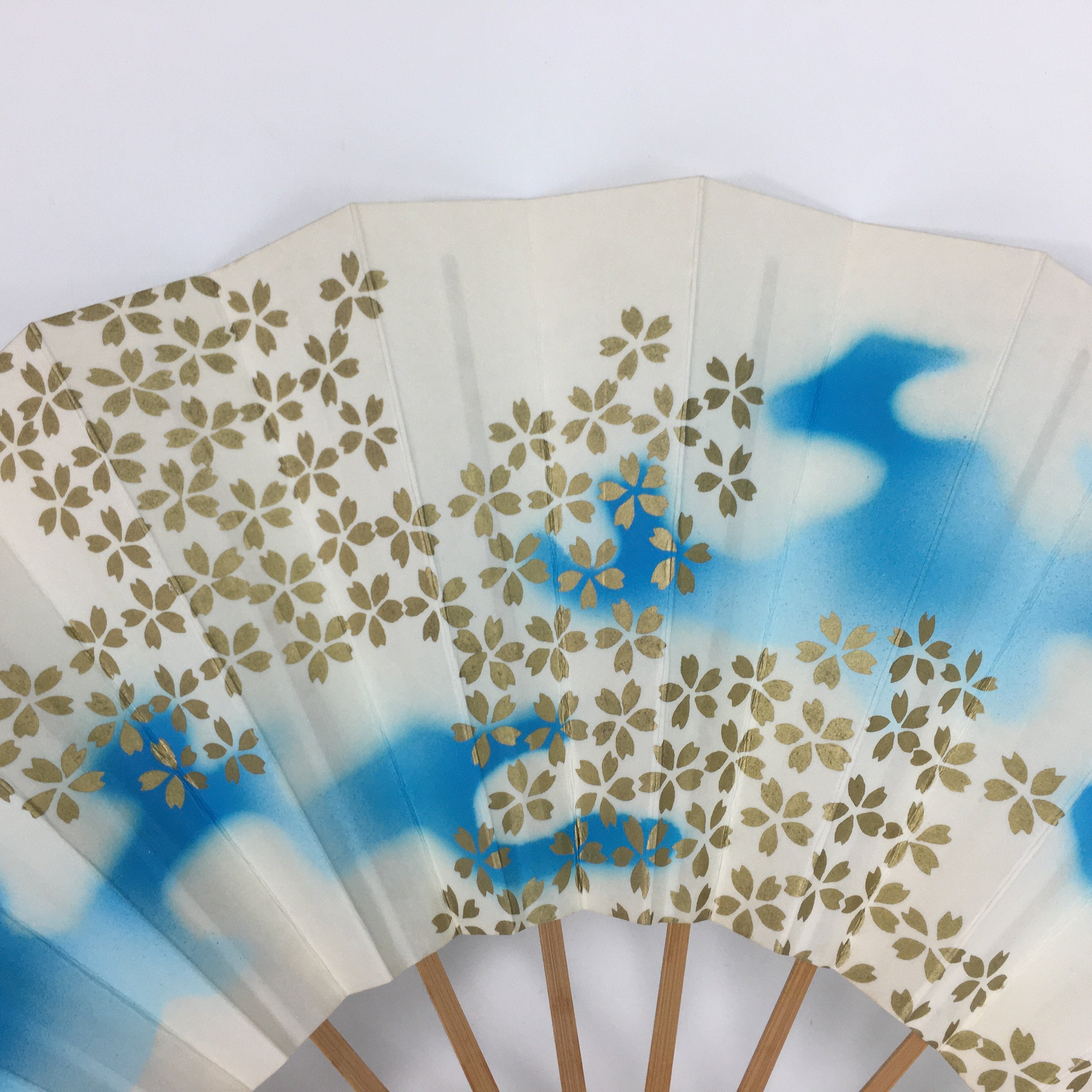 Japanese Folding Fan Vtg Sensu Paper Bamboo Frame Light Blue Silver 4D487