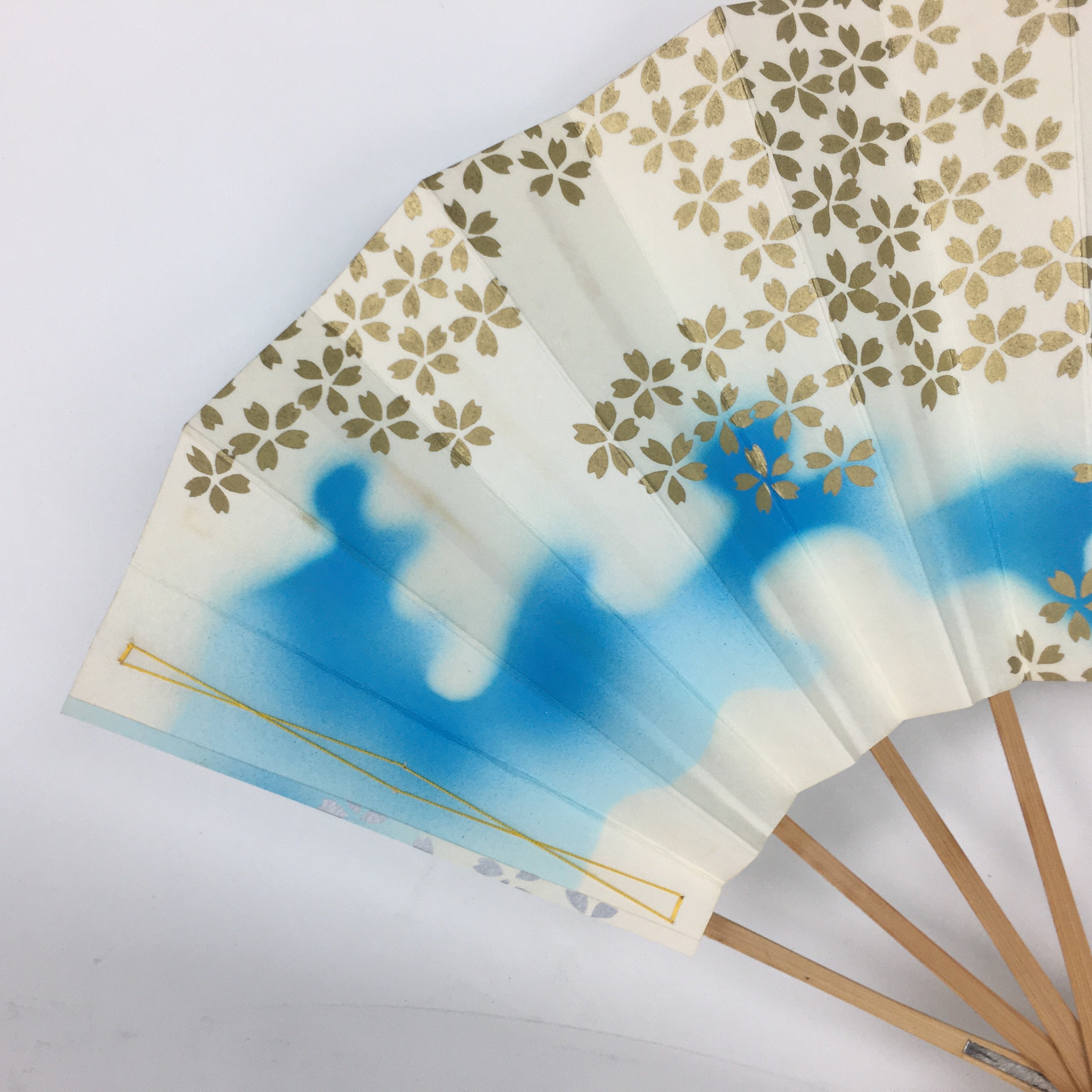 Japanese Folding Fan Vtg Sensu Paper Bamboo Frame Light Blue Silver 4D487