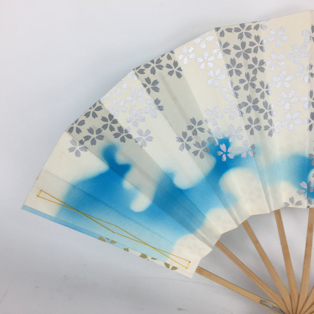Japanese Folding Fan Vtg Sensu Paper Bamboo Frame Light Blue Silver 4D487