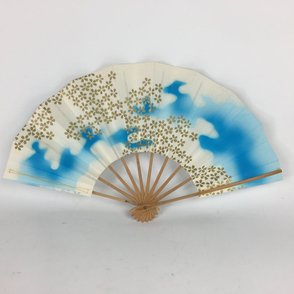 Japanese Folding Fan Vtg Sensu Paper Bamboo Frame Light Blue Silver 4D487