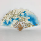 Japanese Folding Fan Vtg Sensu Paper Bamboo Frame Light Blue Silver 4D487