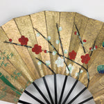 Japanese Folding Fan Vtg Sensu Paper Bamboo Frame Pine Bamboo Plum Tree 4D504