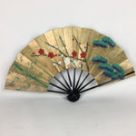 Japanese Folding Fan Vtg Sensu Paper Bamboo Frame Pine Bamboo Plum Tree 4D504