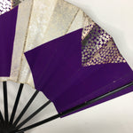 Japanese Folding Fan Vtg Sensu Paper Bamboo Frame Purple Silver Gold 4D491