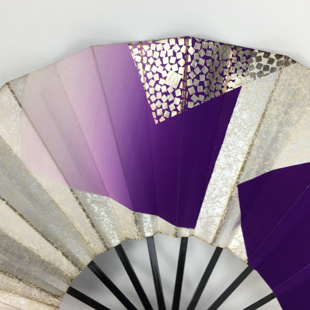 Japanese Folding Fan Vtg Sensu Paper Bamboo Frame Purple Silver Gold 4D491